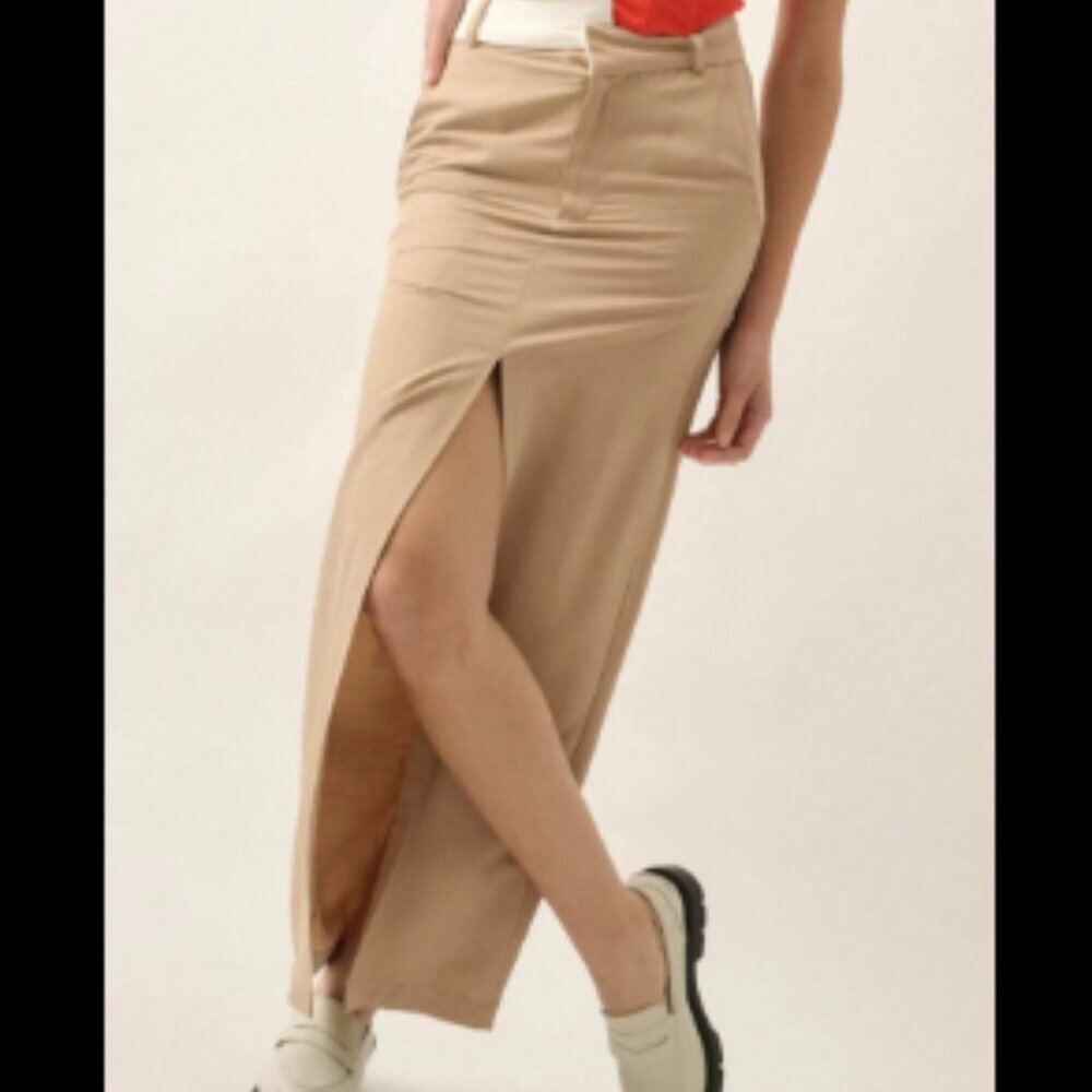 Maurices Khaki Softy Elastic Waist Pencil Skirt Front Slit SZ 16